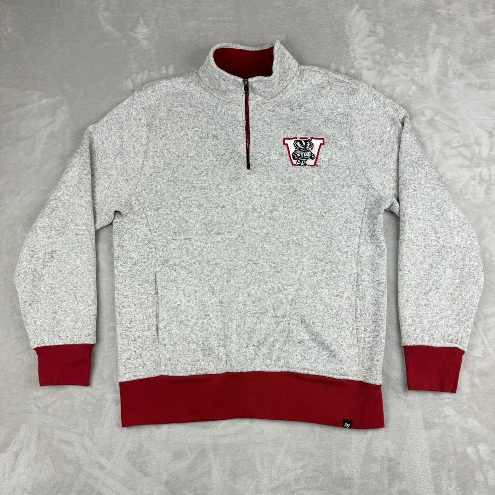 '47 Wisconsin Badgers Sweater Mens XL Gray Red 1/4 Zip Pullover Fleece NCAA EUC